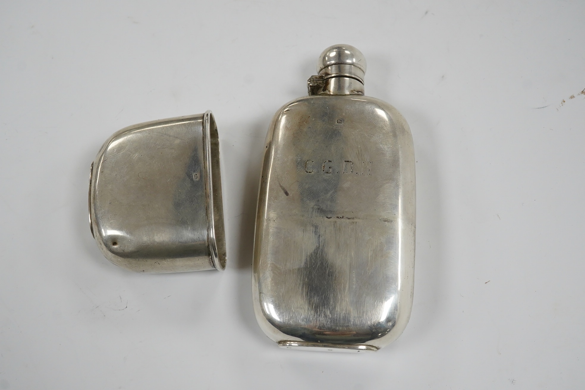 A late Victorian silver hip flask, by James Dixon & Sons, Sheffield, 13.3cm, 5.3oz. Condition - poor